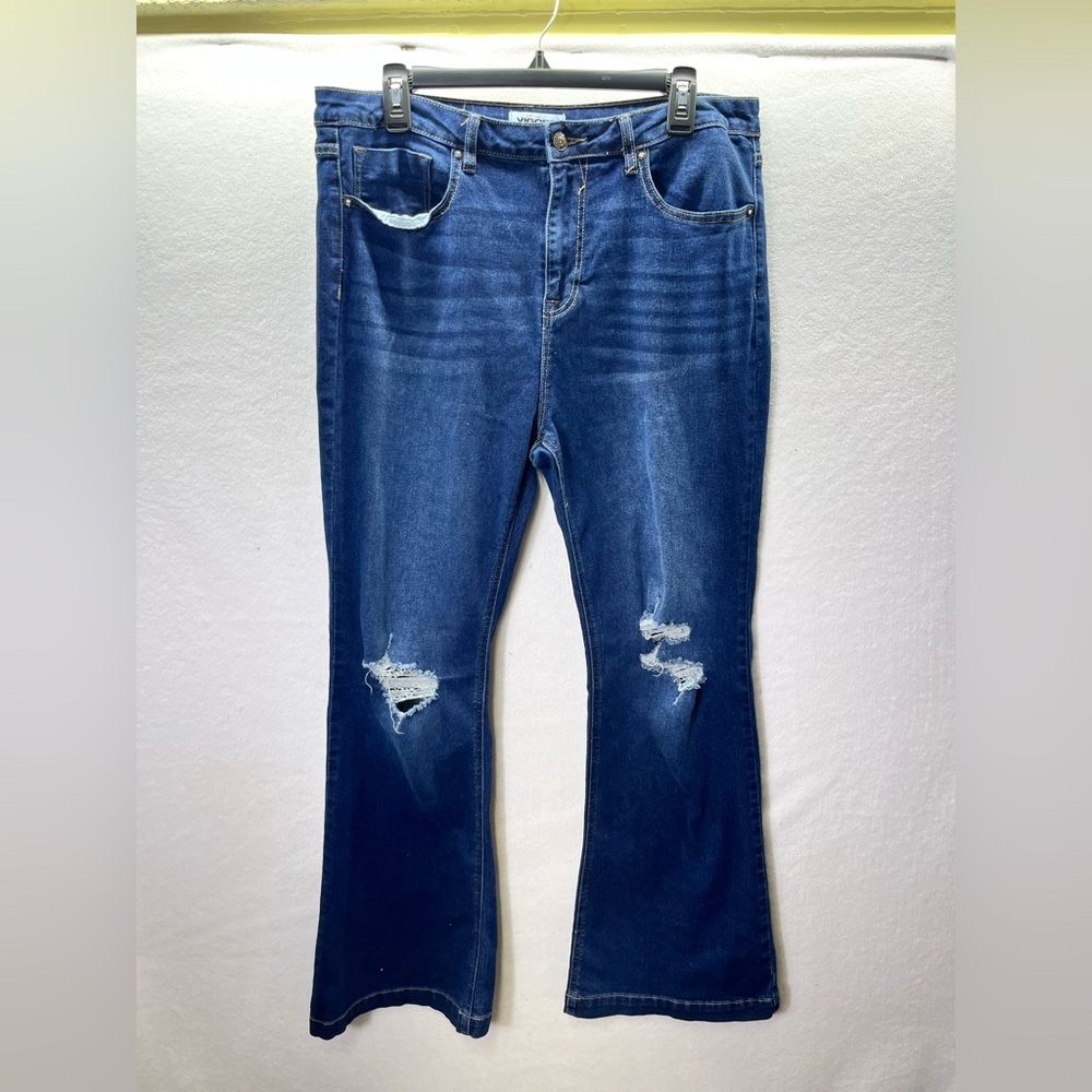 Vigoss Distressed Hendrix Flare‎ Jeans Womens 32 Plus Sz Blue Denim Stretch 2453